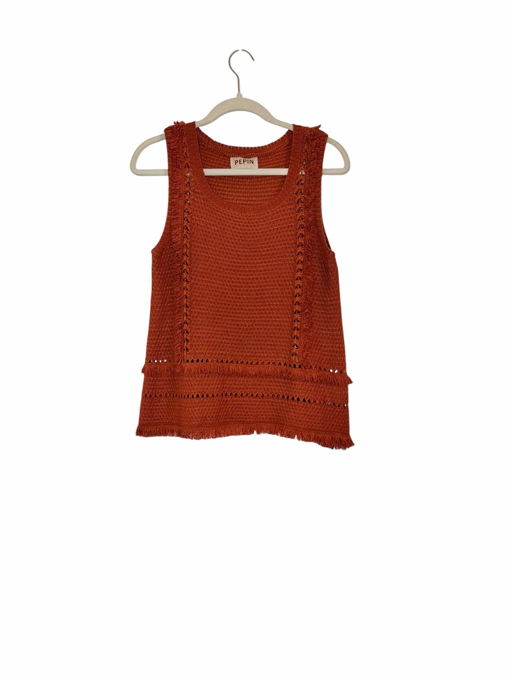 Anthropologie Pepin Crochet Knit Fringe Tank Top Boho Rust Orange Lagenlook